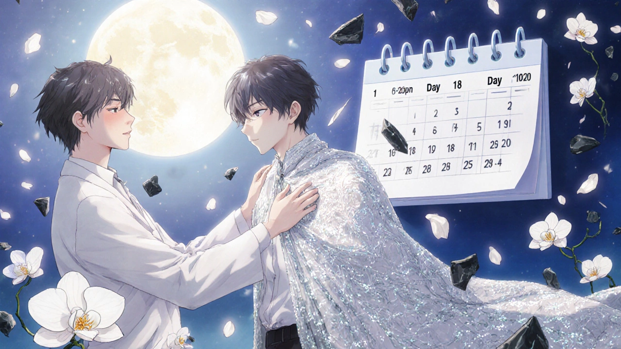 A dermatologist draping sun-protective clothing over a patient, with fading calendar days and falling petals.