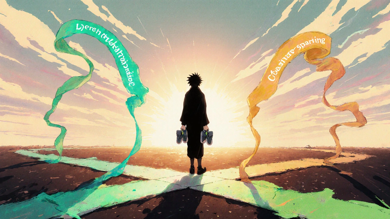A figure at a sunrise crossroads choosing among glowing ribbons representing drug options.