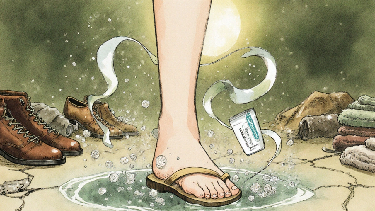 A foot stepping into light as fungal spores dissolve, surrounded by old shoes and towels in mist.