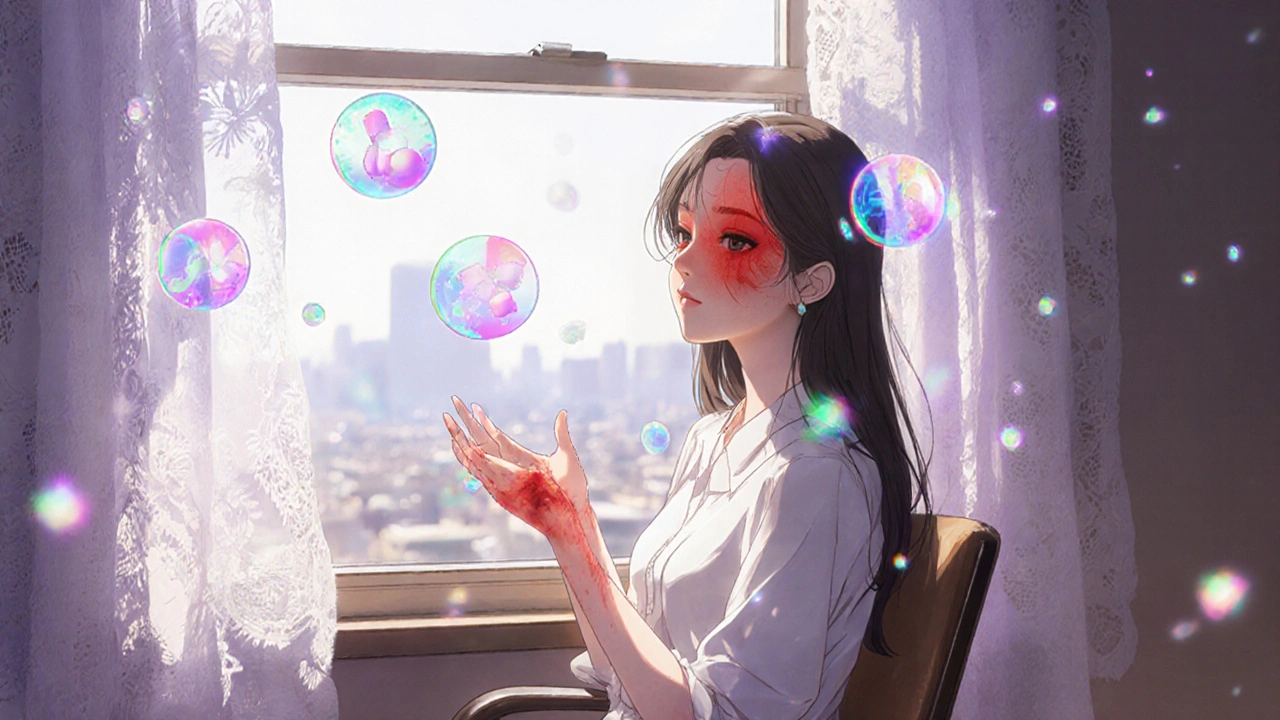A woman by a window with sunburned skin and floating antibiotic molecules in a delicate Amano-style scene.