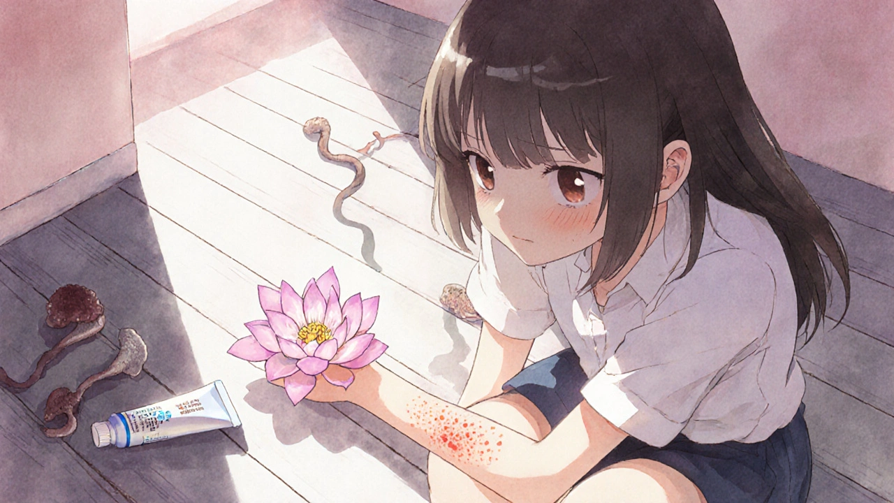 A woman with hives blooming on her arm, staring in concern as cream tube glows beside her.