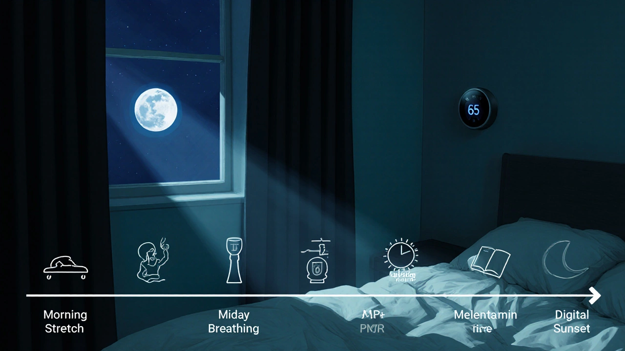 Calm night bedroom with blackout curtains, sleeping person, and subtle reset routine timeline.