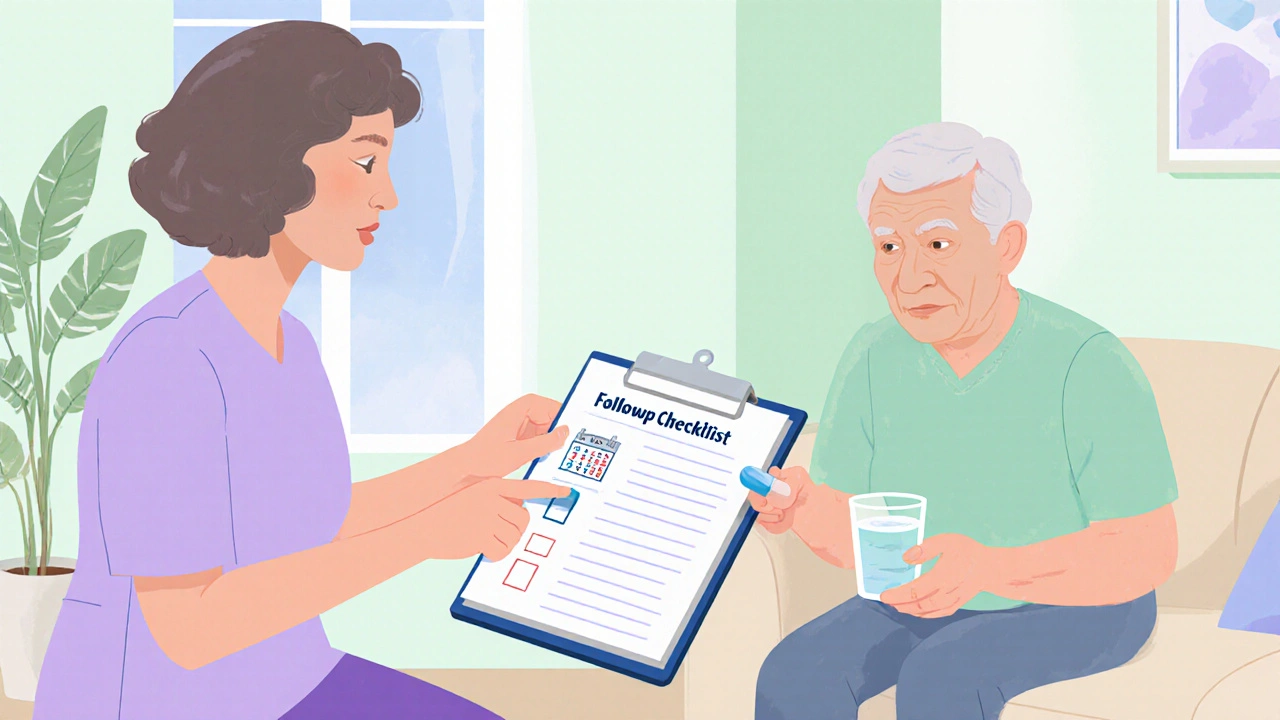 Caregiver and senior reviewing health checklist in a pastel‑colored living room.