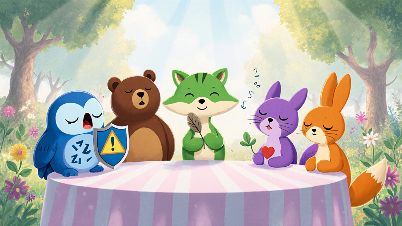 Cartoon characters representing Atarax, diphenhydramine, lorazepam, trazodone, and cetirizine at a garden table.
