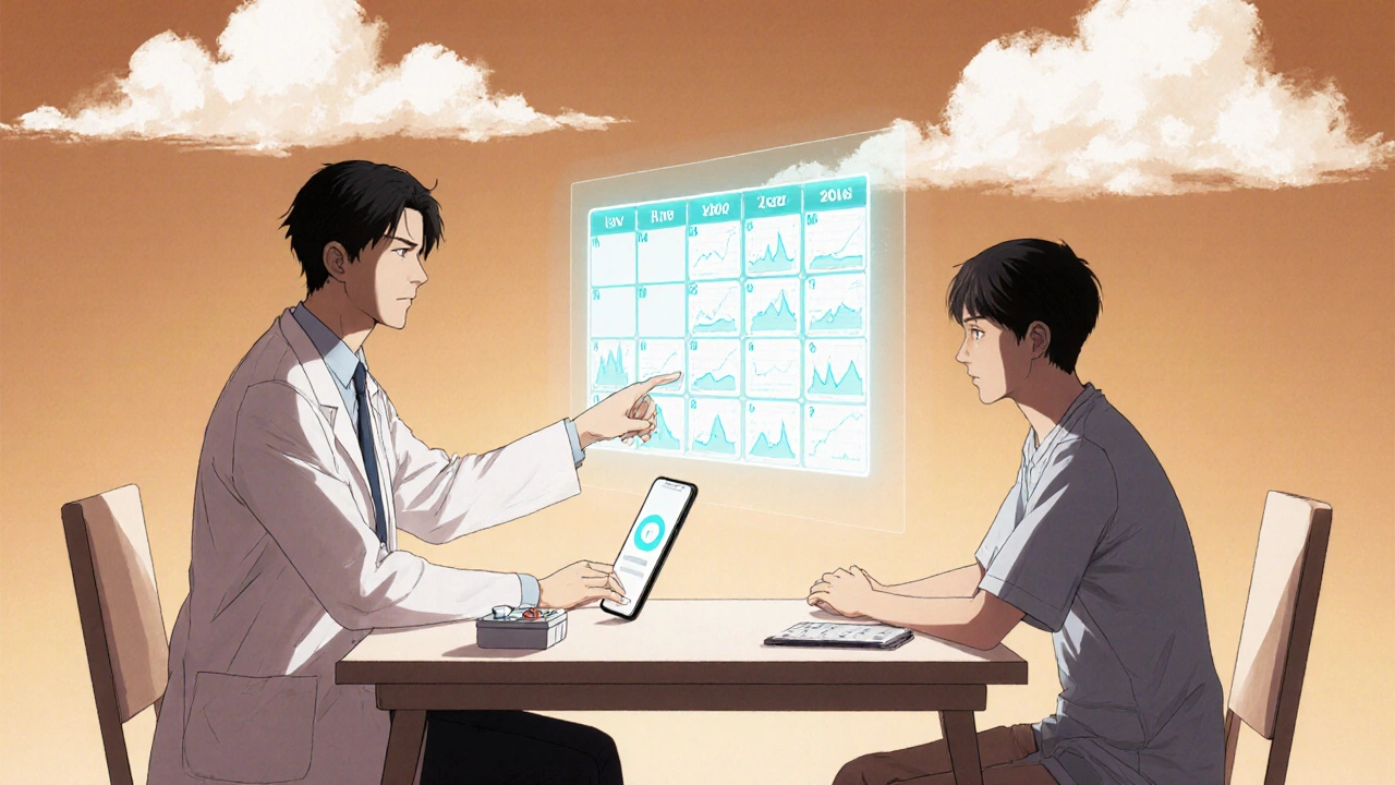 Clinician and patient reviewing holographic reminders and pill box.