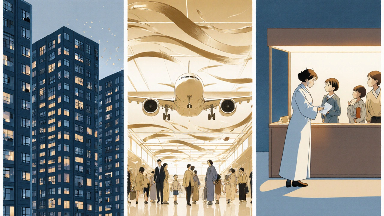 Collage of dense housing, airport, and vaccine booth linked by flowing ribbons.
