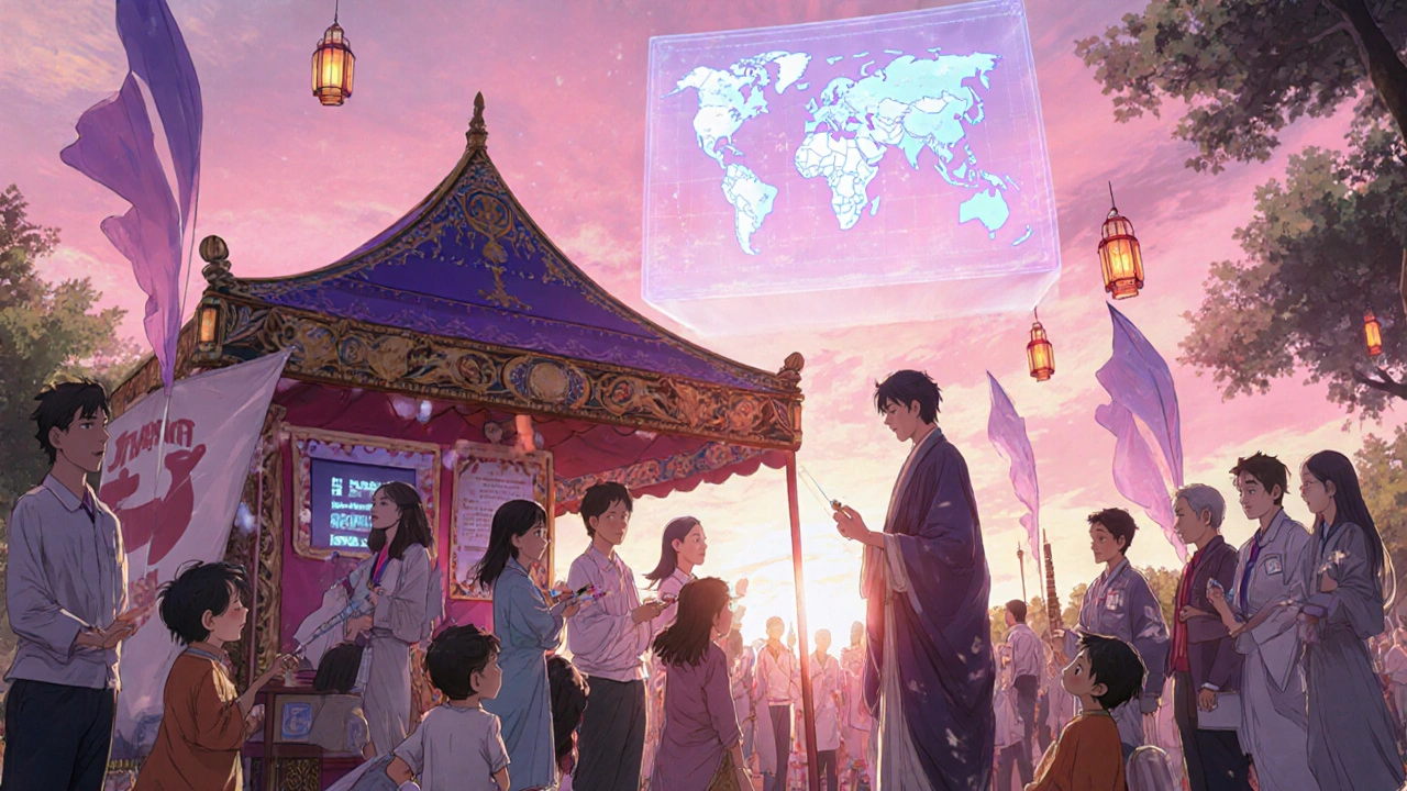 Community rally with pop‑up vaccine clinic and sunrise data hologram.