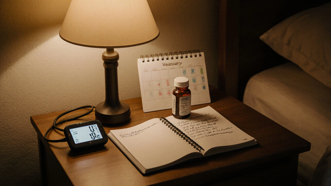 Cozy bedside with pill bottle, diary, blood pressure monitor, lamp, and calendar indicating routine.