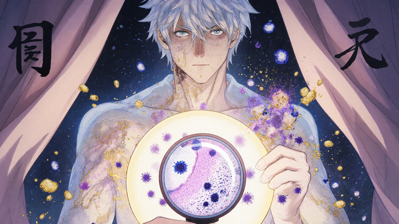 Dermatologist examining biopsy as neutrophil constellations float in air, peeling skin dissolving.