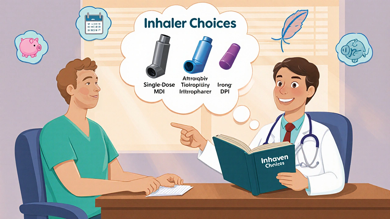 Doctor and patient discuss inhaler options with floating device icons.