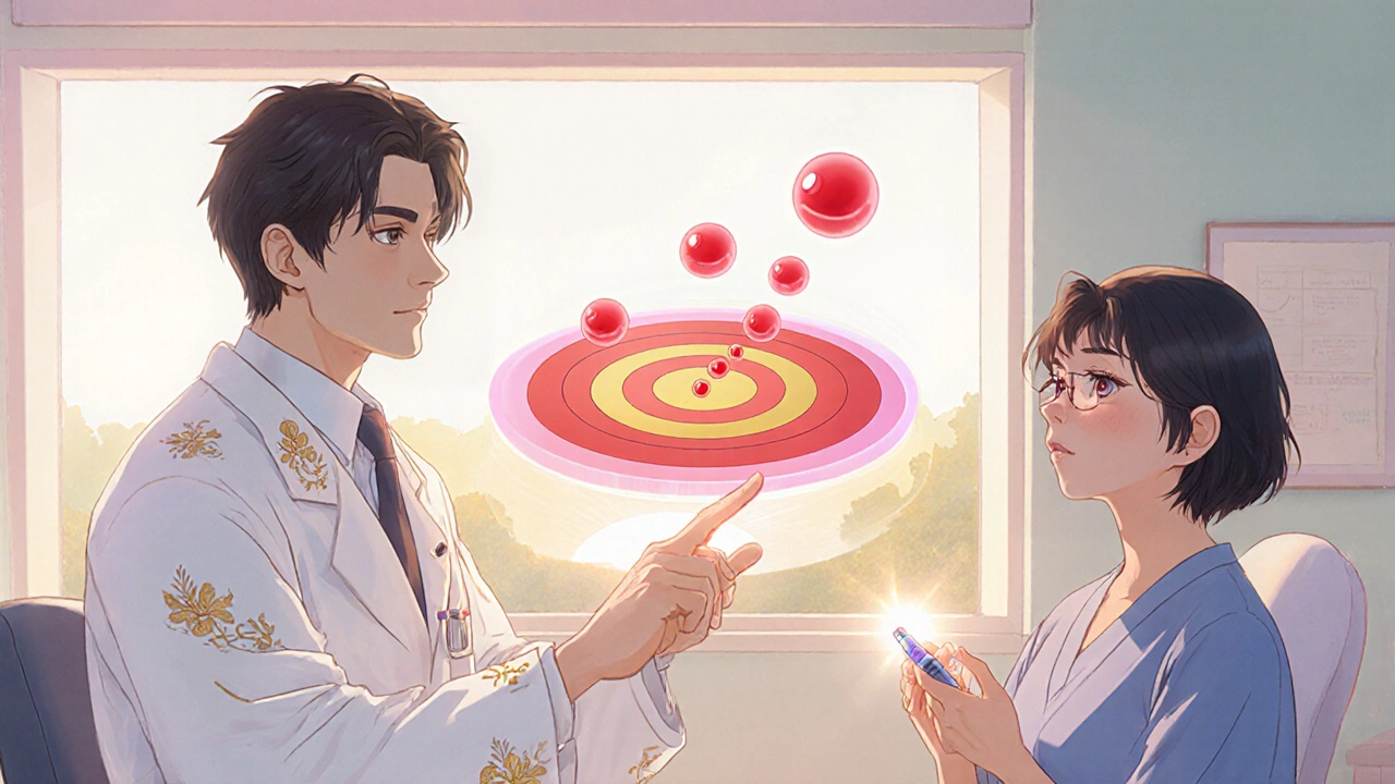 Doctor and patient reviewing decreasing LDL particles with medication icons.