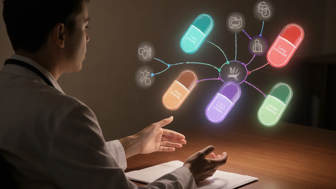 Doctor and patient with floating tablet icons representing different beta‑blockers and health concerns.