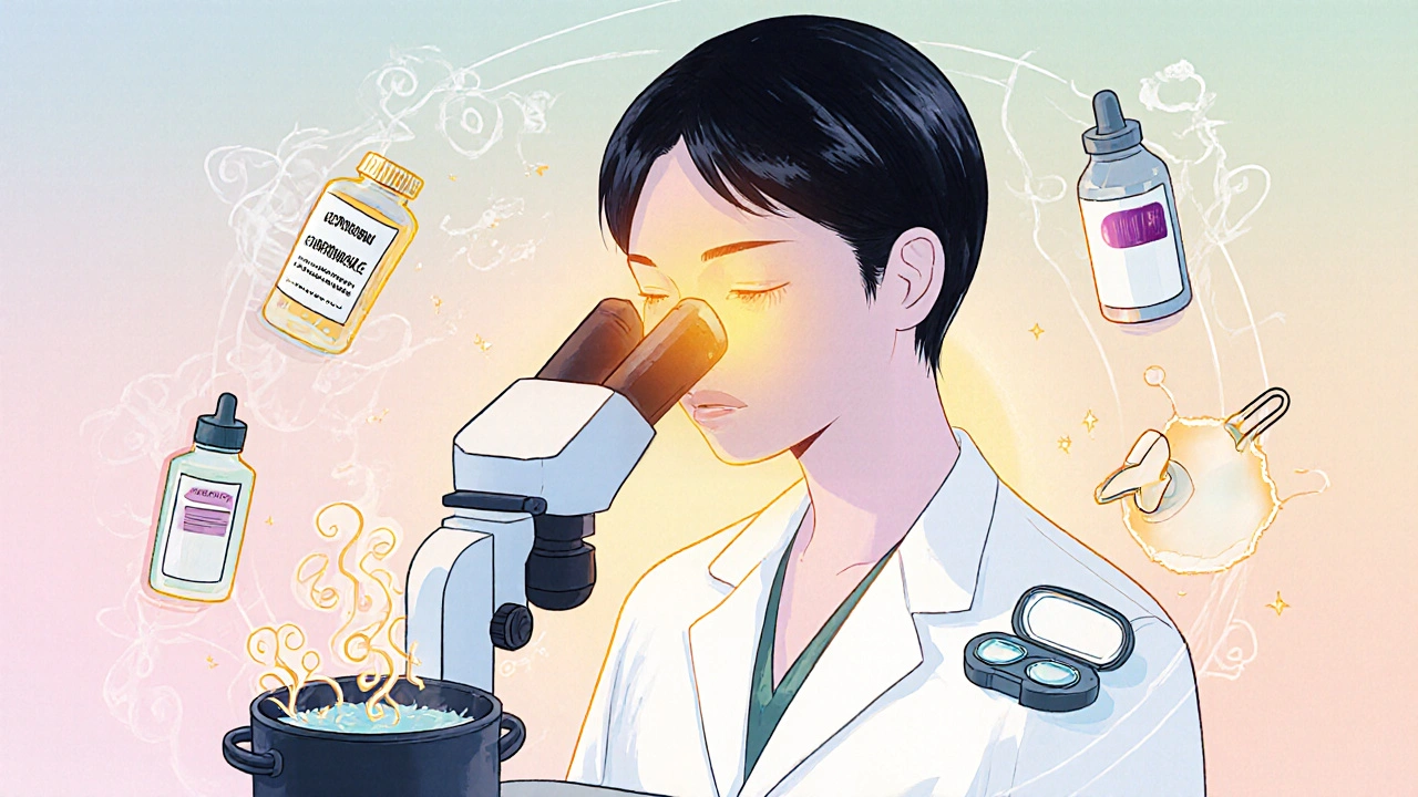 Doctor examining samples with medicines and preventive symbols like boiled water and lens case.
