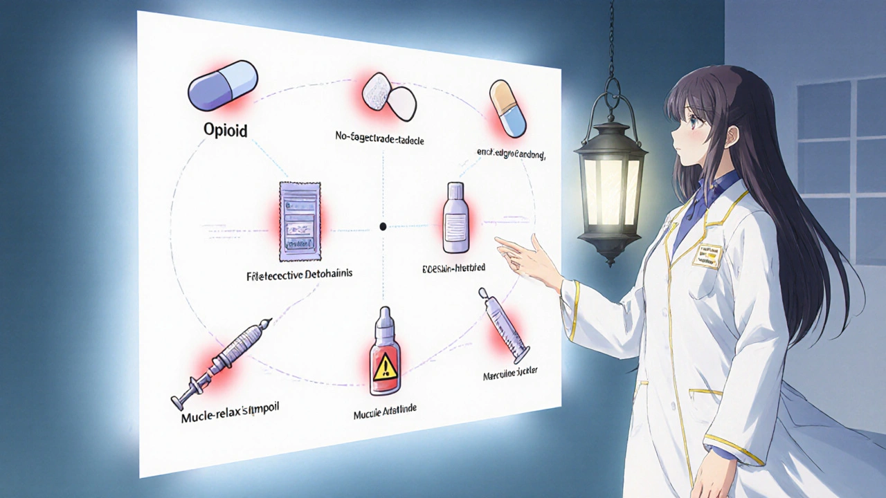 Doctor pointing at a floating chart of dangerous medication icons with red auras.