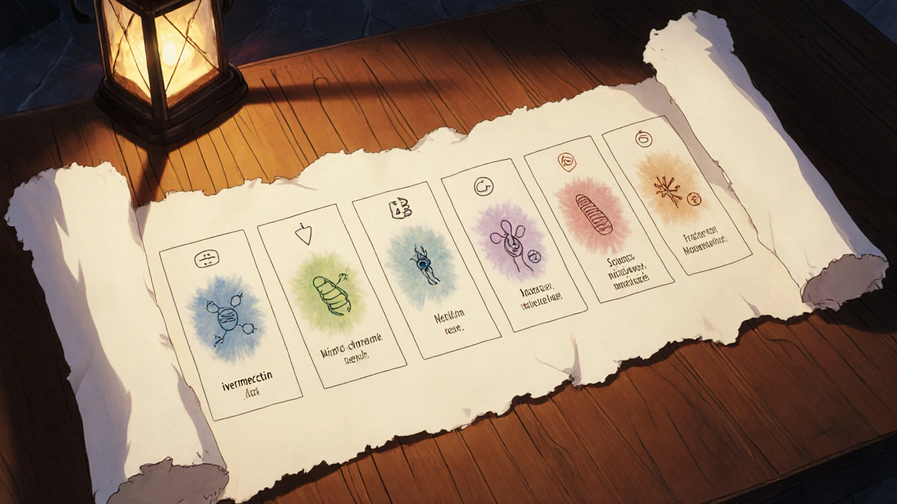 Elegant scroll showing side‑by‑side icons of six antiparasitic drugs.