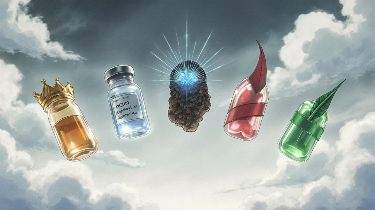Five floating islands each symbolizing a cholesterol‑lowering drug class.