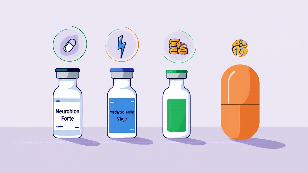 Flat‑lay of four vials and a pill, each with icons for speed, cost, and nerve benefit.