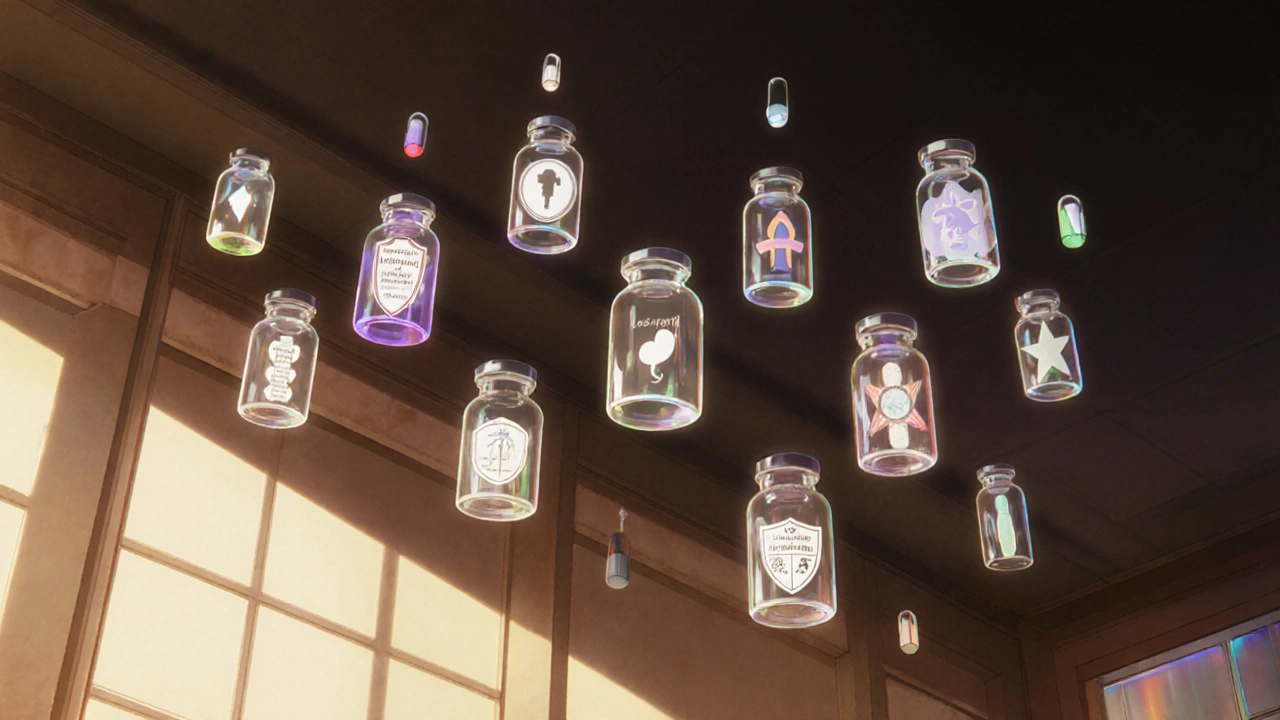 Floating medication vials with symbolic icons hover above a dreamy doctor's office.