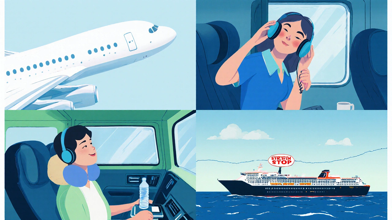 Four-panel illustration of airplane, car, train, and cruise travel tips for Meniere&#039;s sufferers.