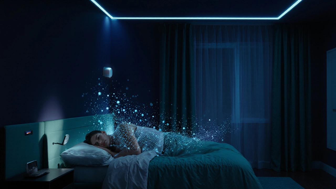 Futuristic bedroom with AI‑controlled lighting, radar sensor capturing sleep data.