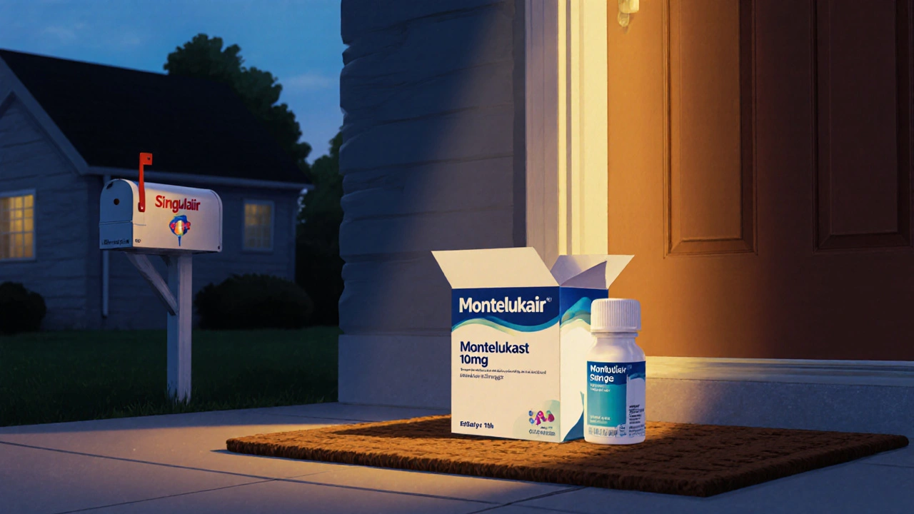 Happy patient opening a delivery box containing Montelukast tablets with clear expiration date.