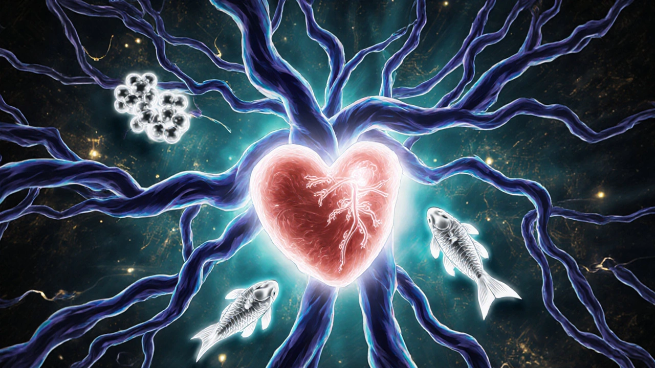 Heart and blood vessels visualizing beta‑blocker action with glowing symbols.
