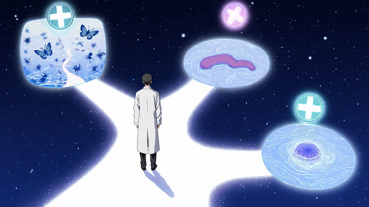 Illustration of a doctor at a forked path choosing among drug symbols.