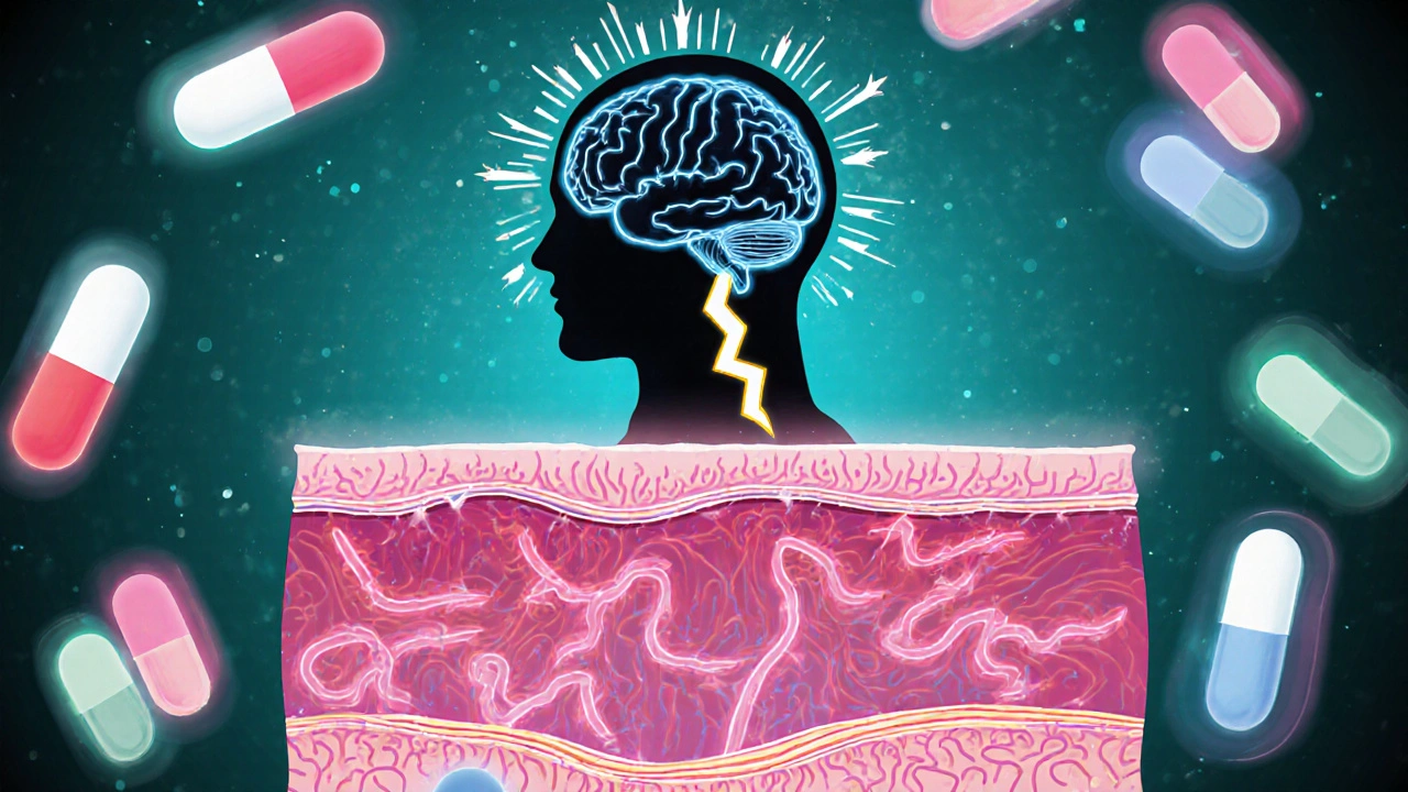 Illustration of artery relaxing, brain with fewer sparks, and colored pill icons for alternative meds.