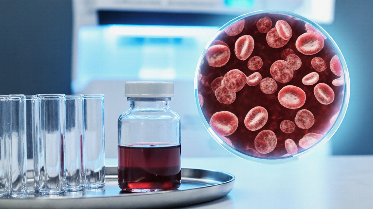 Illustration of tiny red blood cells and lab tubes indicating iron deficiency.