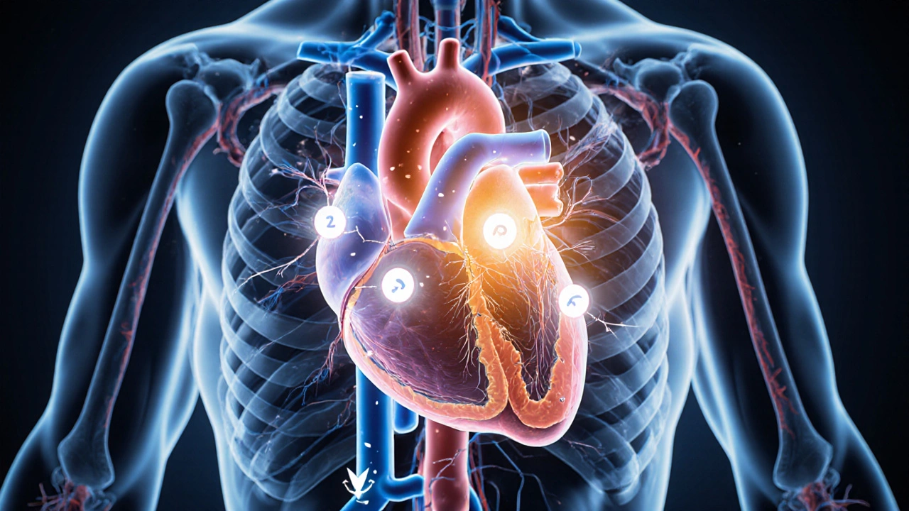 Illustration showing carvedilol blocking beta and alpha receptors, widening arteries and a beating heart.