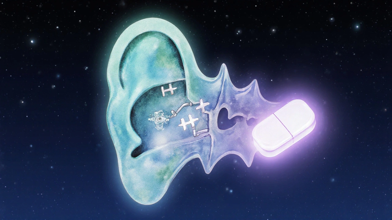 Inner ear glowing in blues with a floating tablet symbolizing meclizine blocking receptors.