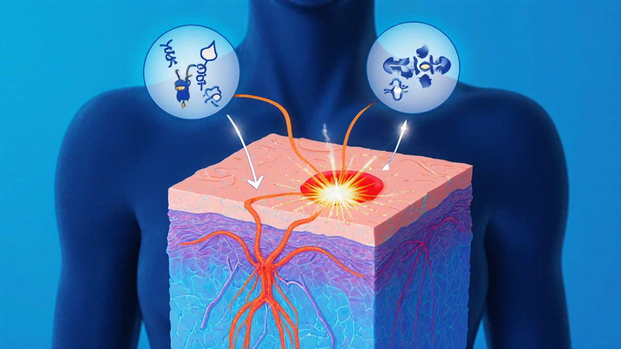 Medical cutaway showing bite, histamine release, nerves, and cortisol stress effects.