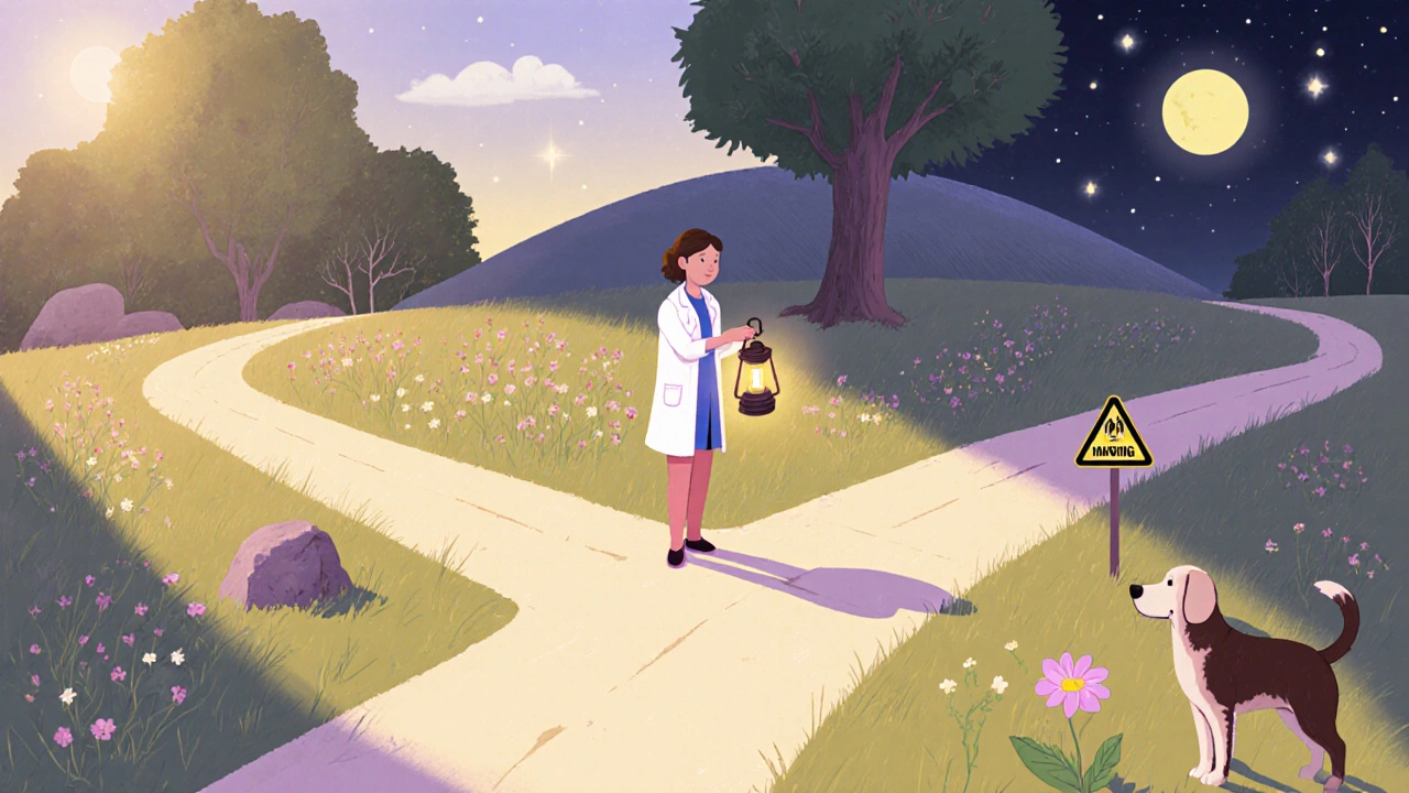 Patient at a park crossroads guided by a nurse, with paths symbolizing different medication options.