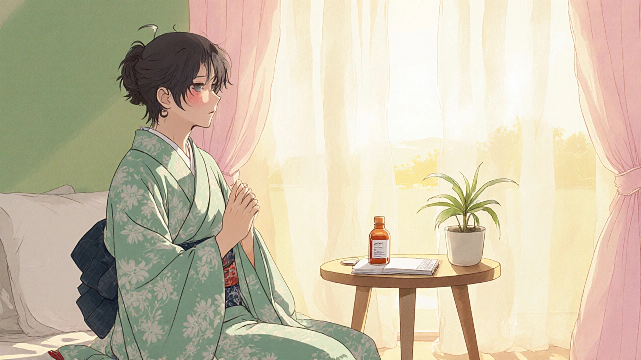 Person breathing peacefully at sunrise with meclizine bottle and journal nearby.