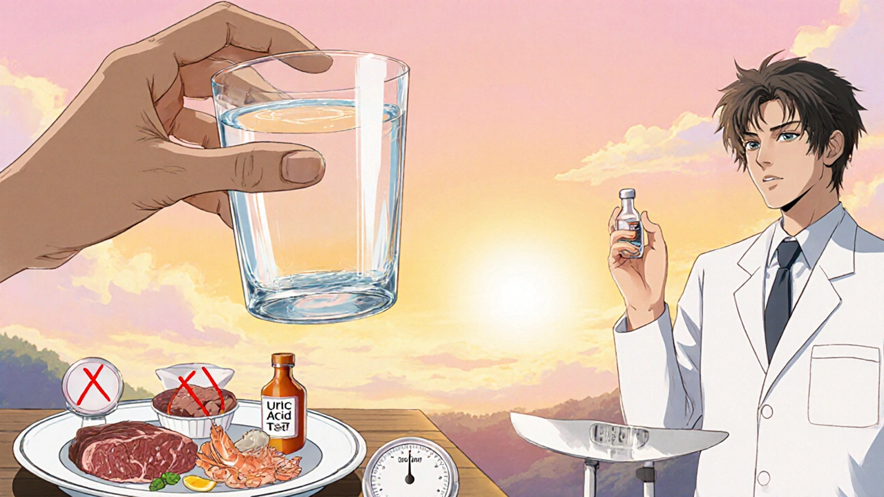 Person drinking water, diet icons, and doctor showing blood test in a calm setting.