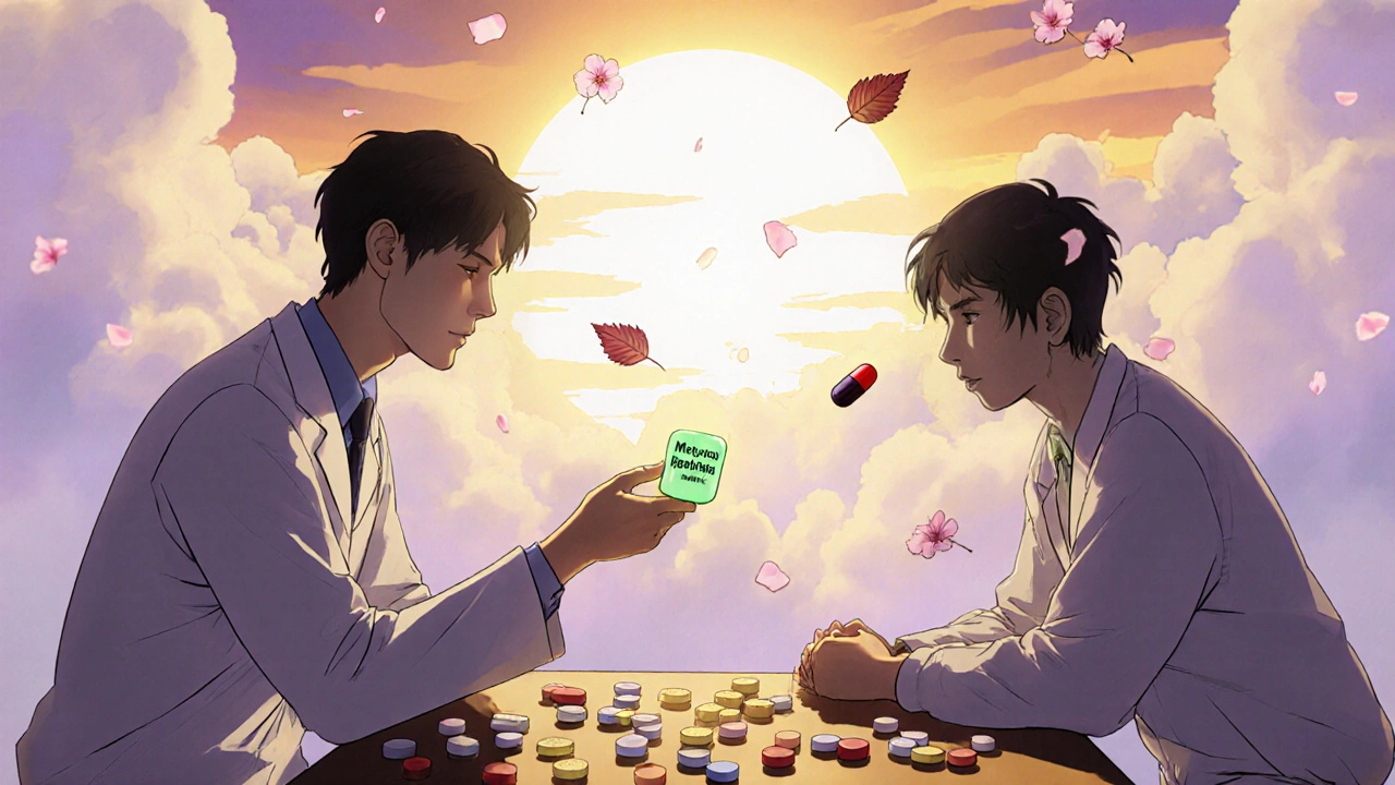Pharmacist offering a safe pill to patient as a harmful opioid drifts away, sunrise background.