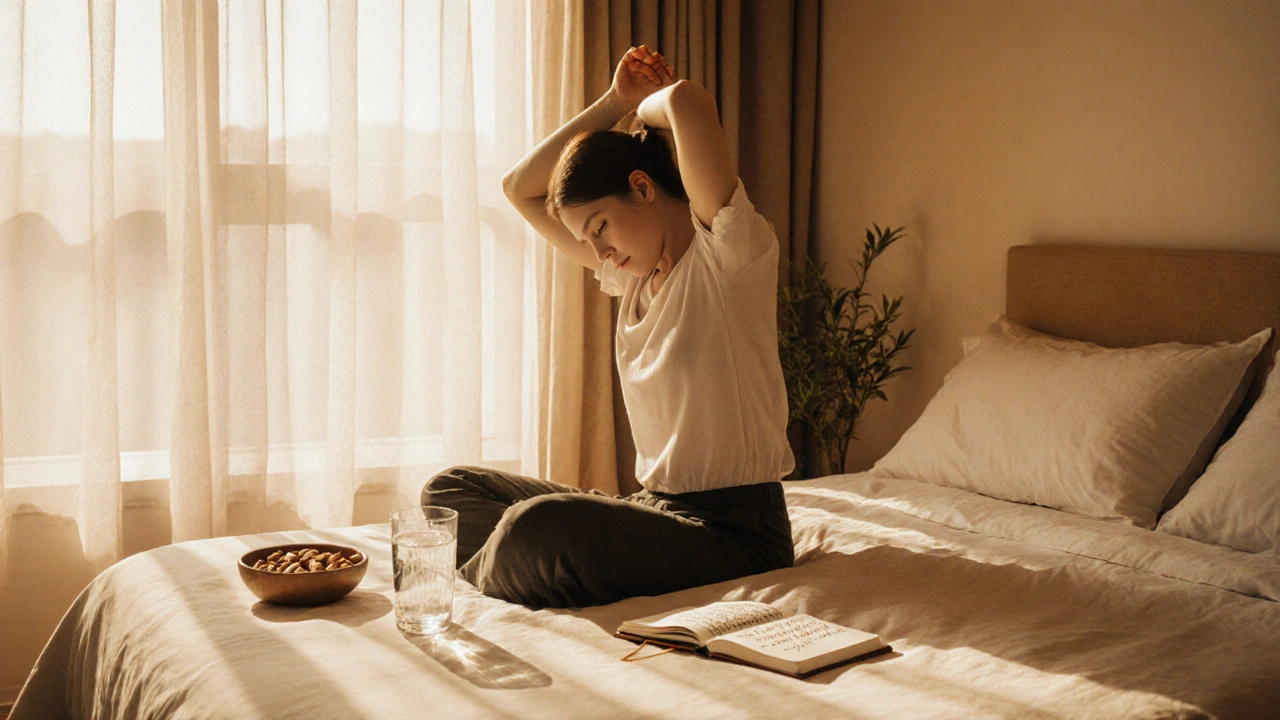 Post‑trip recovery: person stretching in a sunlit bedroom with journal and low‑salt snacks.