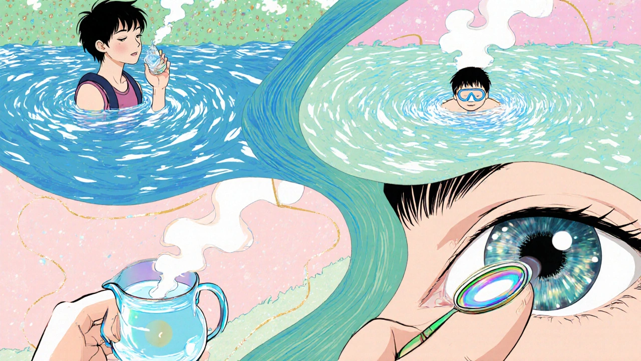 Scenes of drinking river water, swimming, using a neti pot, and handling contact lenses.