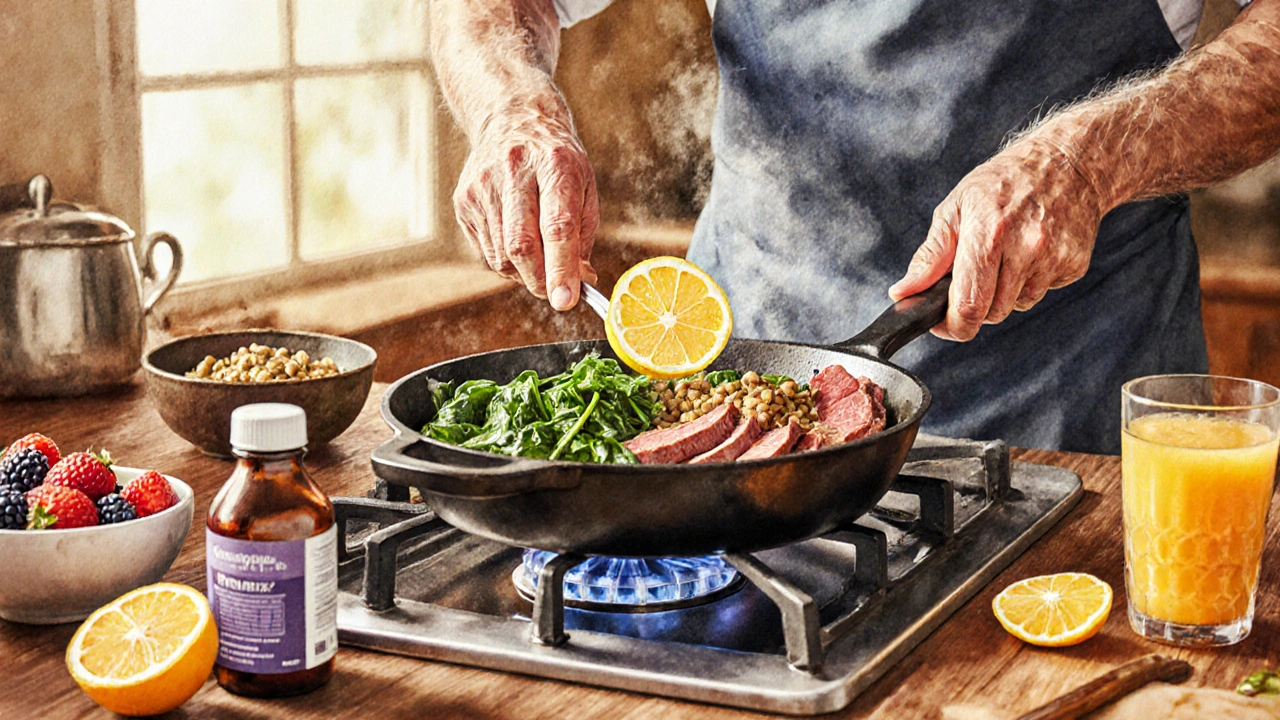 Senior cooking iron‑rich meal in a cast‑iron pan with fruit and supplement bottle nearby.