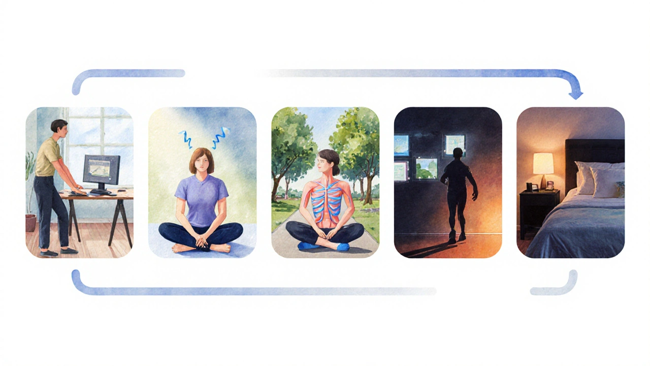 Series of watercolor scenes showing micro‑break, breathing, muscle relaxation, walk, and digital sunset.