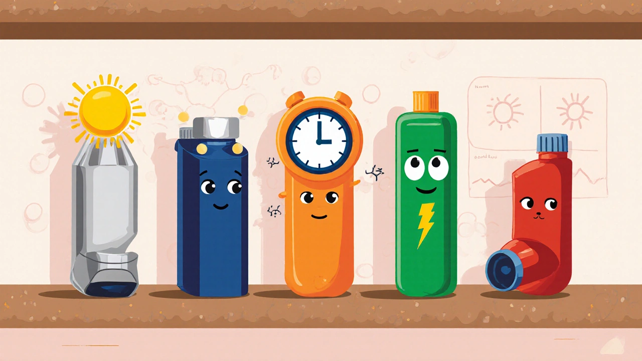 Shelf shows various inhalers each with distinct shapes and timing icons.