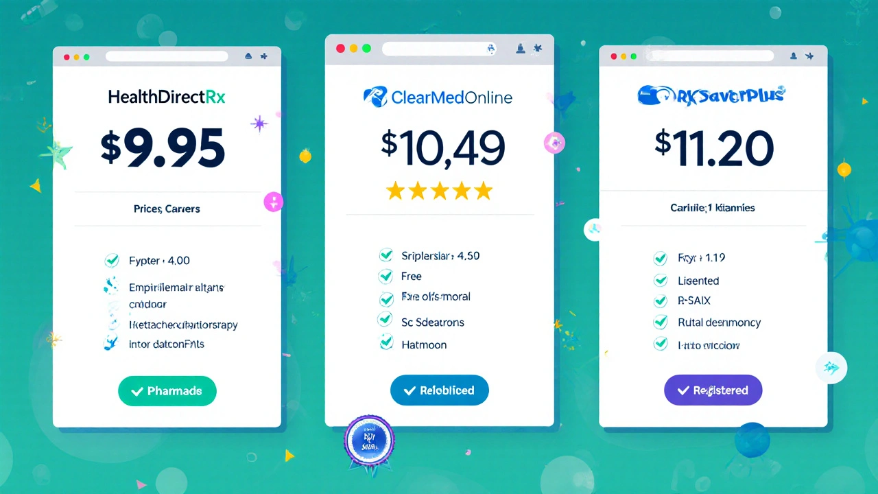 Side‑by‑side comparison of three online pharmacies showing price, shipping, and ratings.