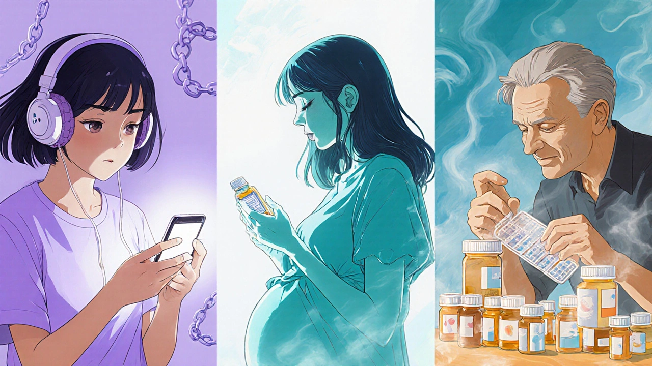 Teen, pregnant woman, and elderly man each facing medication adherence challenges.