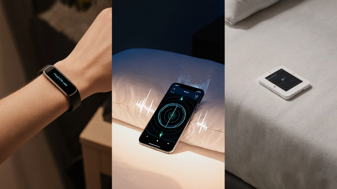 Three sleep‑tracking devices – wristband, phone under pillow, and mattress sensor – shown in a bedroom.