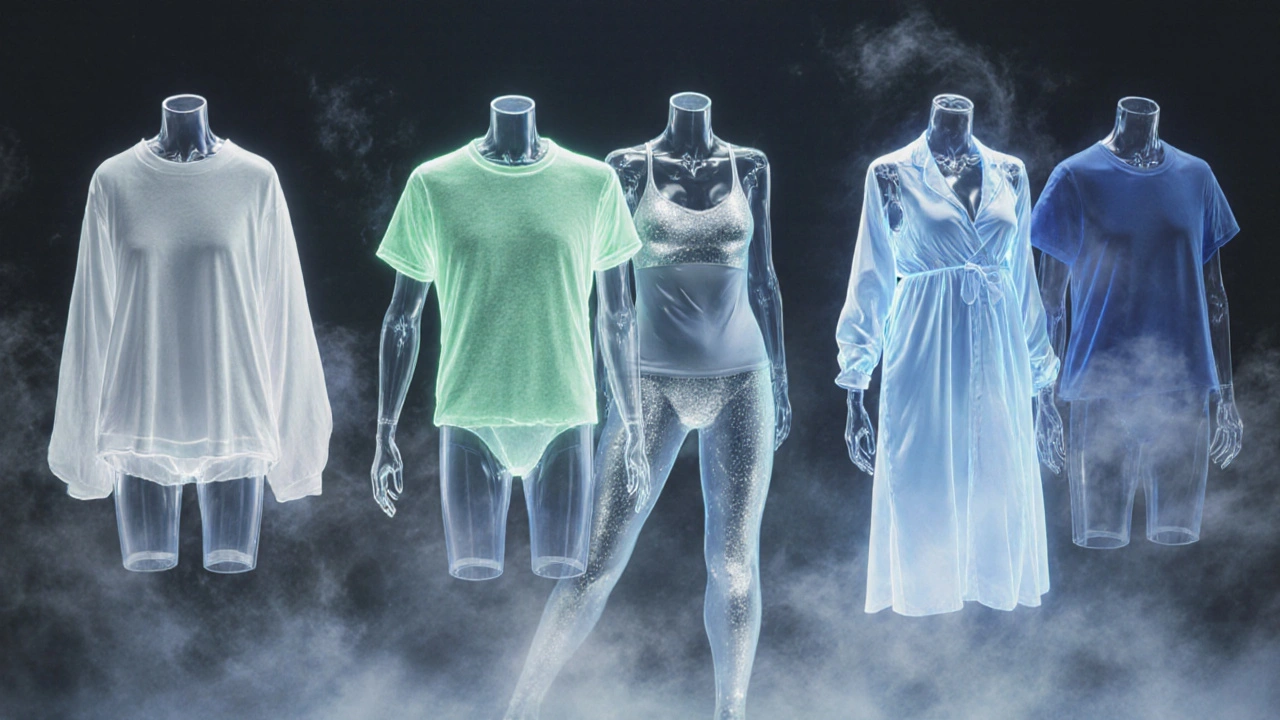 Various breathable fabrics shown as glowing garments on mannequins.