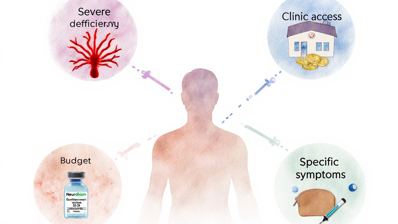 Watercolor decision tree showing patient choices leading to different vitamin options.