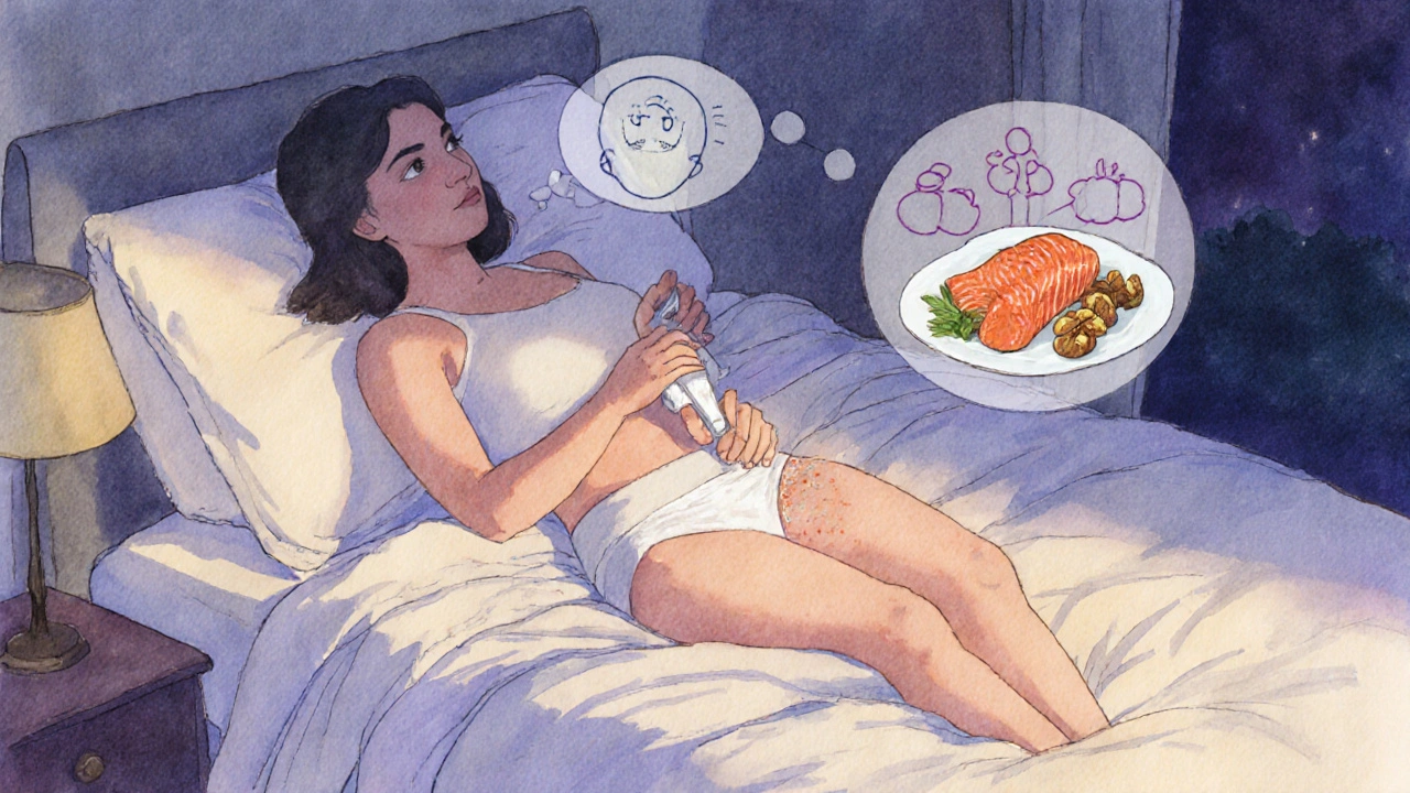 Watercolor of a relaxed person applying cream, breathing, and healthy foods nearby.