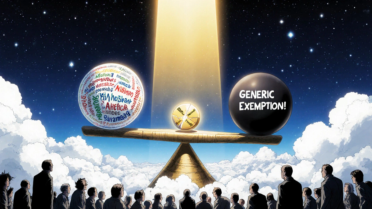 A celestial scale balances brand drugs against generics, with golden light illuminating two newly negotiable pills.