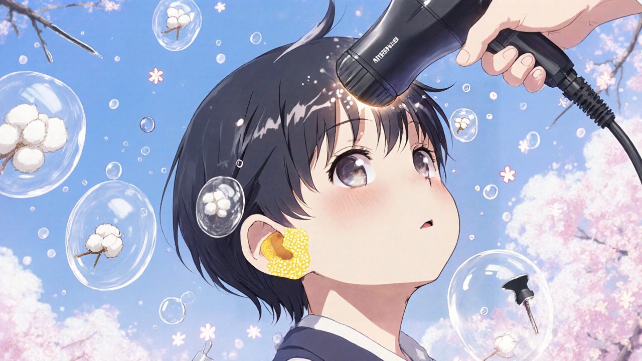 A child drying their ear gently, protected by glowing droplets and falling blossoms, symbolizing recovery and prevention.