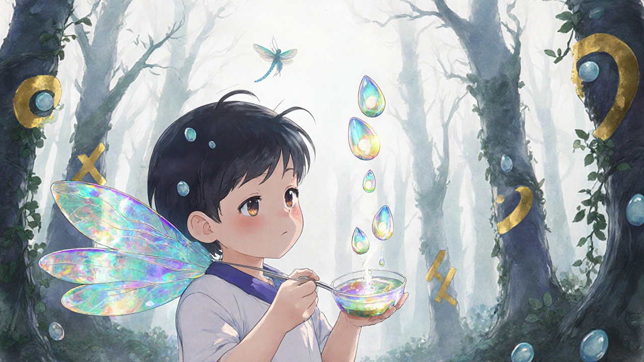 A child taking amoxicillin with a dragonfly spirit, surrounded by fading antibiotic symbols in a mystical forest.